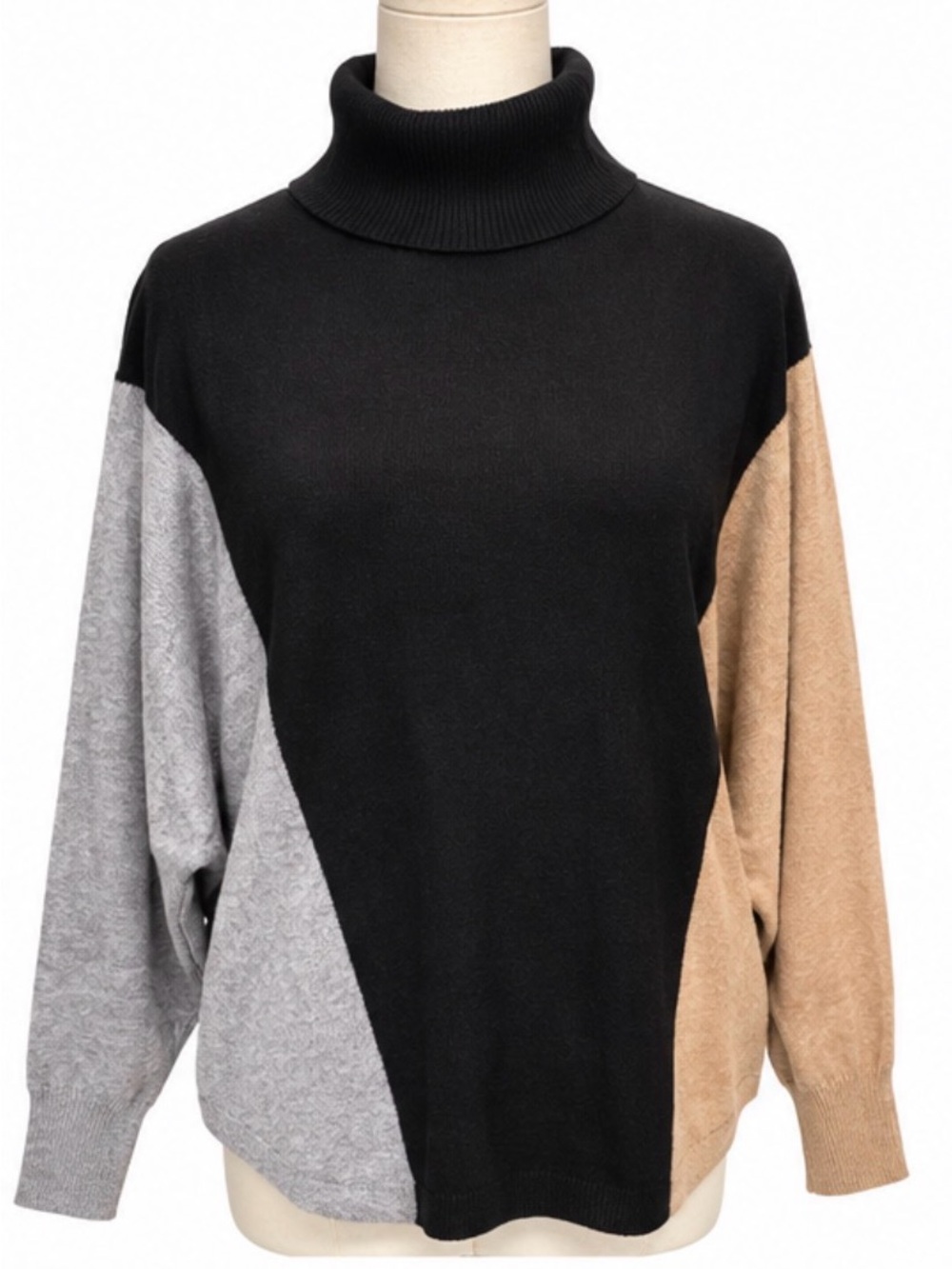 Aaeda Oversized Colorblock Turtleneck Sweater Black Gray Tan Size L